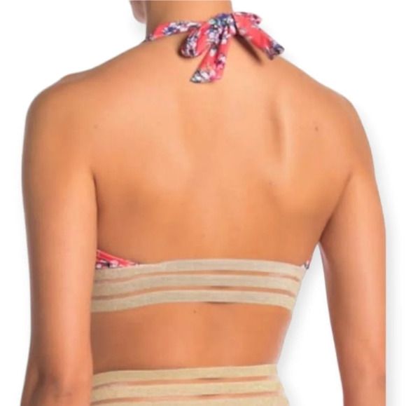 Nicole Miller Coral Pink Floral  Halter Bikini Top with Mesh Metallic Band Large - Picture 2 of 16